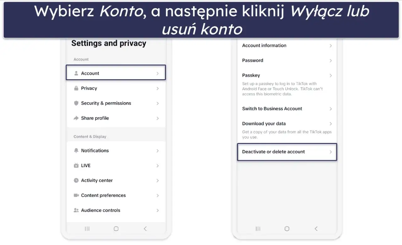 Instrukcja jak usunąć konto na TikToku: wybierz "Konto", a następnie "Deactivate or delete account".