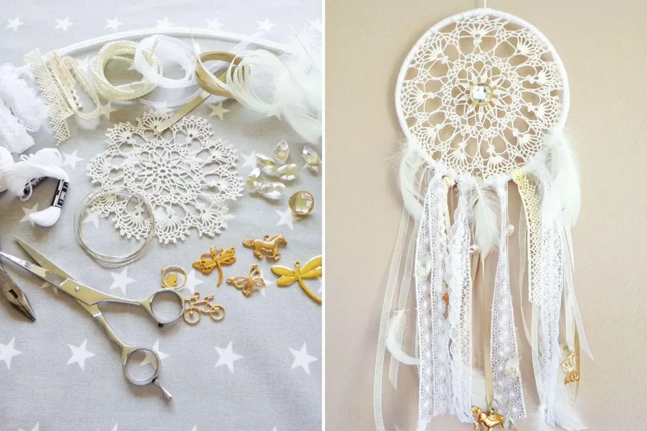 Materiały do zrobienia łapacza snów: koronki, pióra, koraliki, nożyczki i zawieszki. Gotowy łapacz snów ozdobiony jest koronką i piórami.