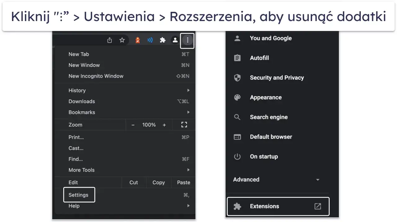 Kliknij „:”: > Ustawienia > Rozszerzenia, aby usunąć Yahoo z przeglądarki Chrome.