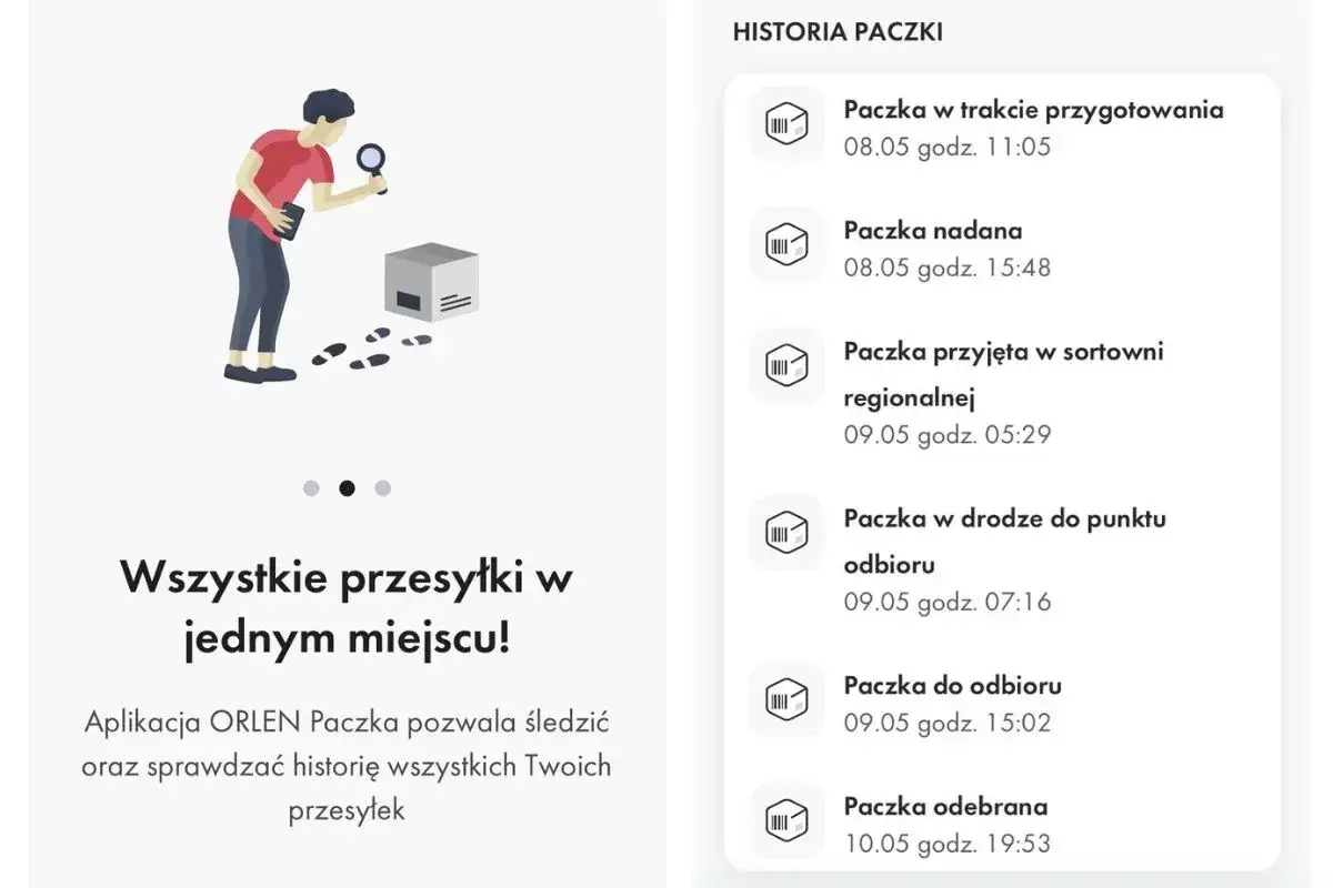 Ilustracja mężczyzny z lupą badającego paczkę i ślady stóp. Obok historia przesyłki.