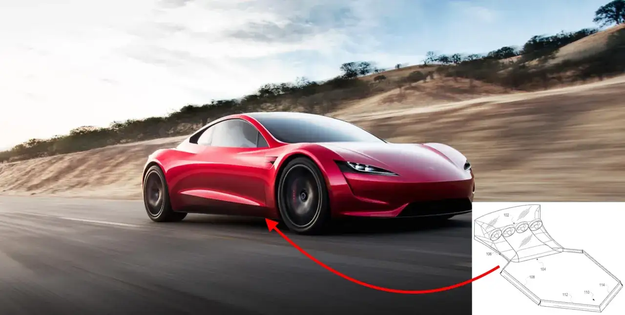 Czerwony samochód Tesla na drodze, z wstawką schematu wentylacji.