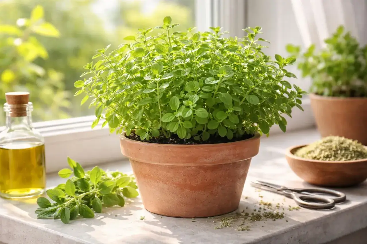 Zielony, bujny majeranek w doniczce obok butelki oliwy i miseczki suszonego oregano. Idealny do kuchni!