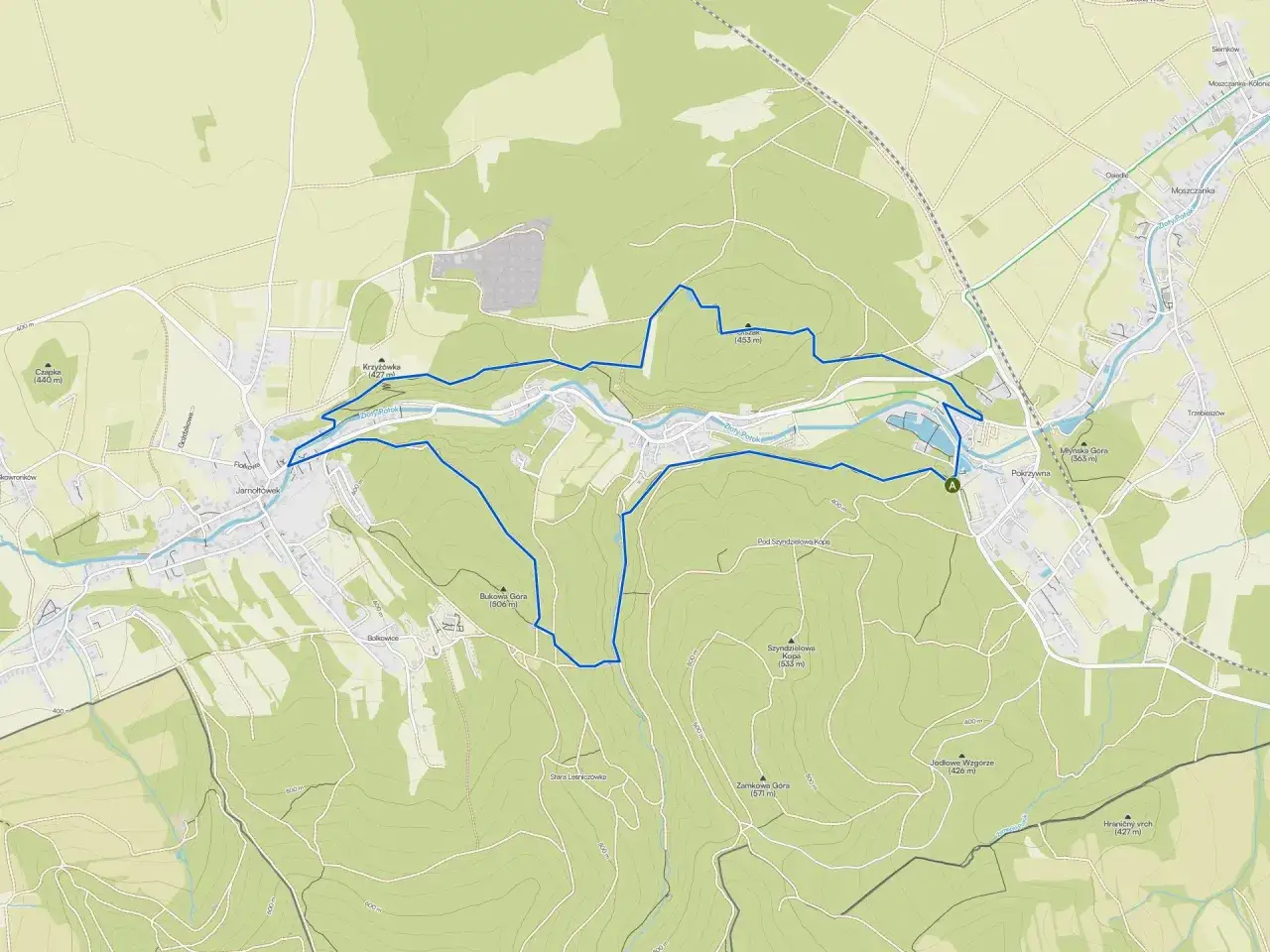 Mapa szlaków turystycznych w Górach Opawskich z zaznaczoną trasą.