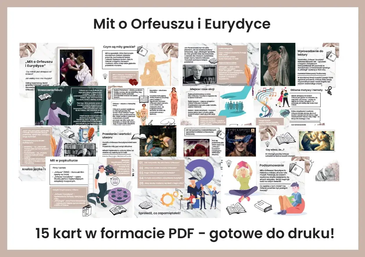 Plakat z grafikami i tekstem o micie Orfeusza i Eurydyce, przedstawiający sceny z mitu i elementy popkultury.