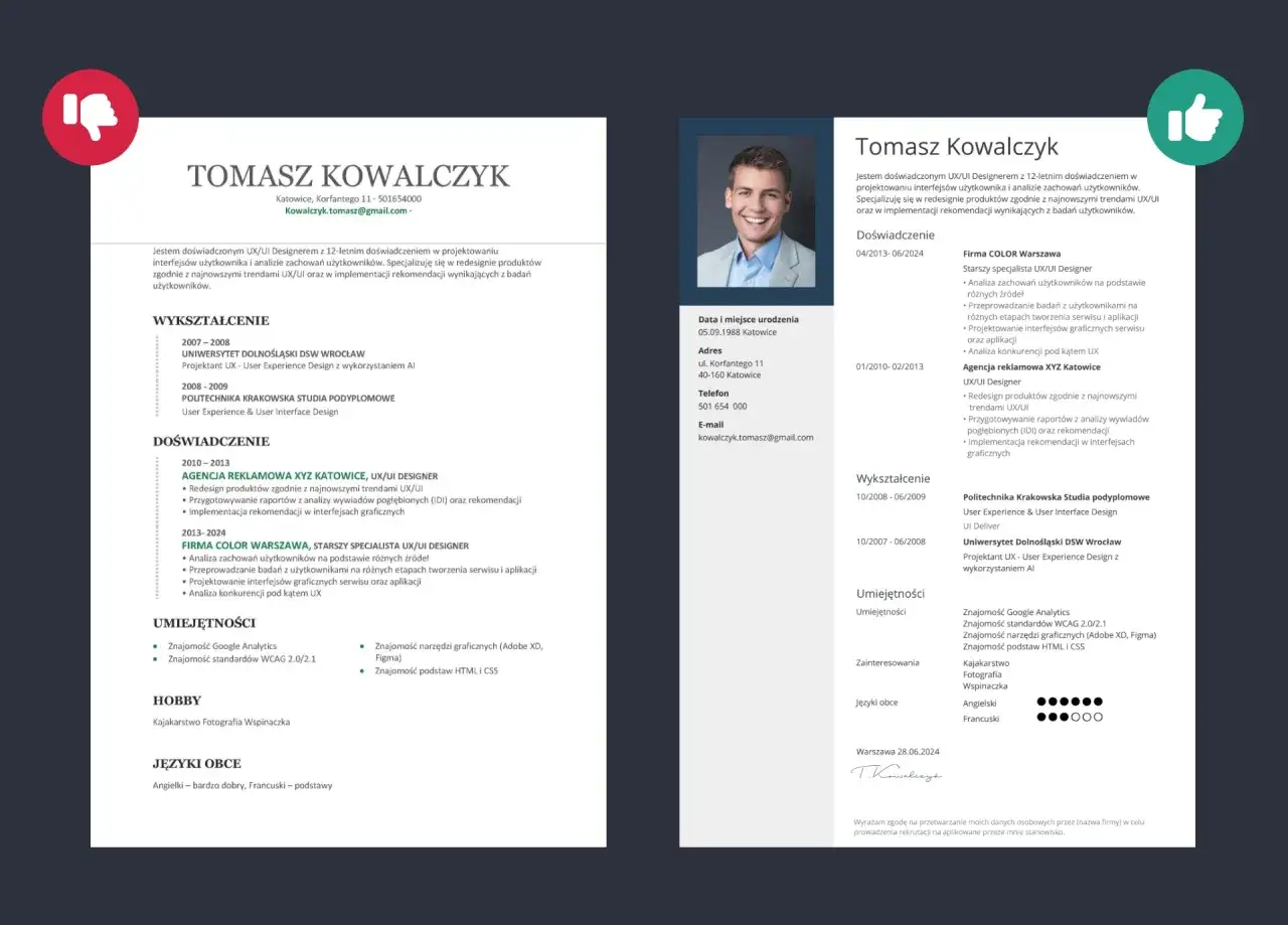 CV Tomasza Kowalczyka, doświadczonego UX/UI Designera. Warto napisać w mailu z CV o jego 12-letnim doświadczeniu i umiejętnościach.