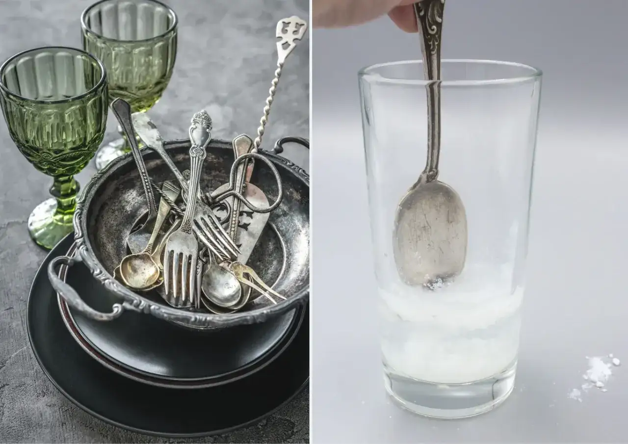 Dwa ujęcia: miska z zaśniedziałymi sztućcami i łyżeczka w szklance z wodą i sodą.