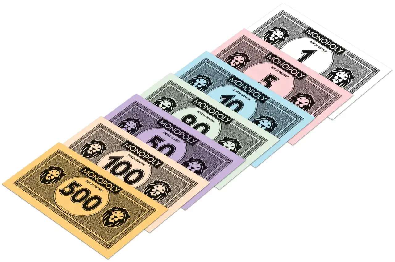 Monopolowe banknoty o różnych nominałach (1, 5, 10, 20, 50, 100, 500) w edycji Gdańsk.