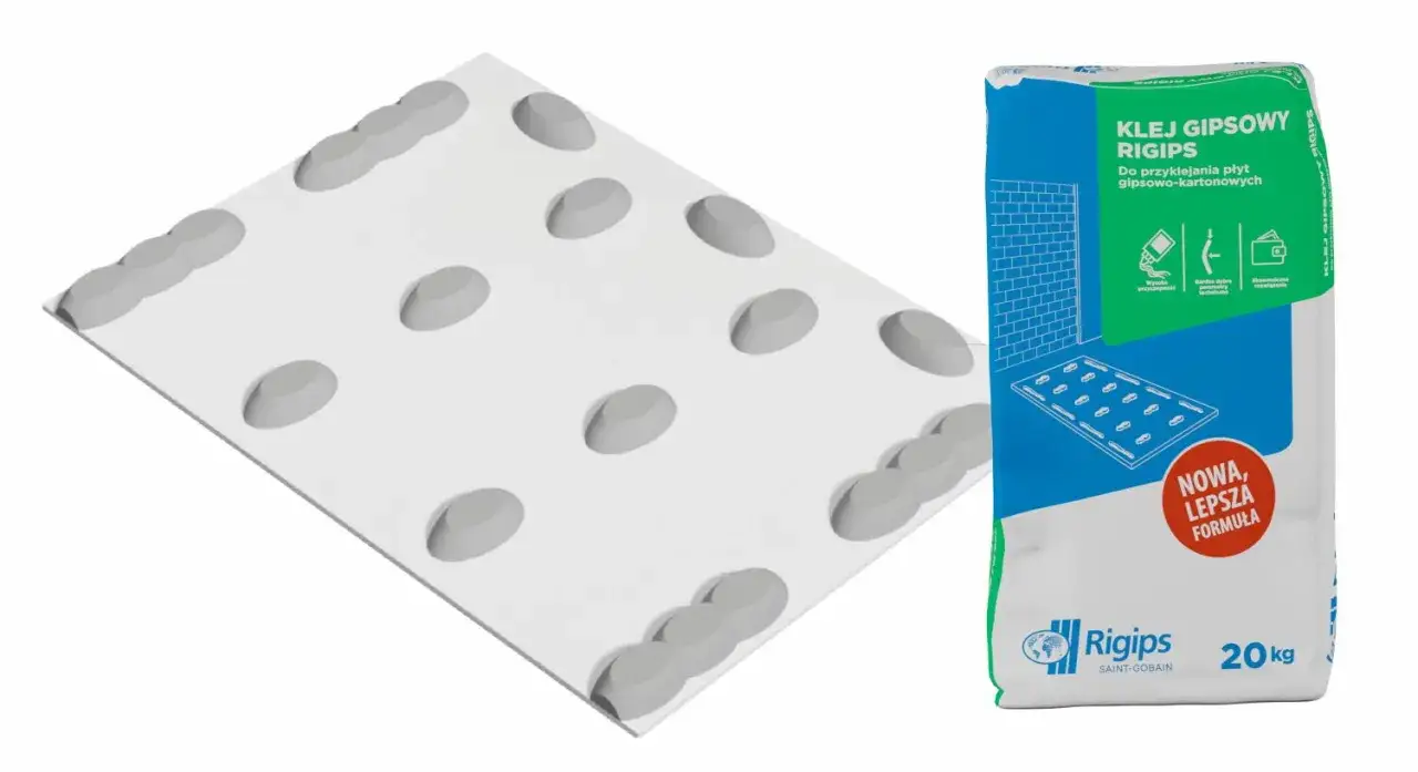 Klej gipsowy Rigips do przyklejania płyt gipsowo-kartonowych. Idealny do szybkiego i trwałego montażu.