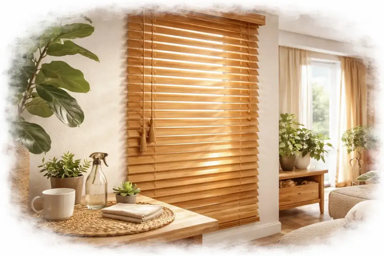 Jak zrobić żaluzje drewniane? Piękne, naturalne drewniane żaluzje w salonie, z roślinami i kubkiem na stoliku.