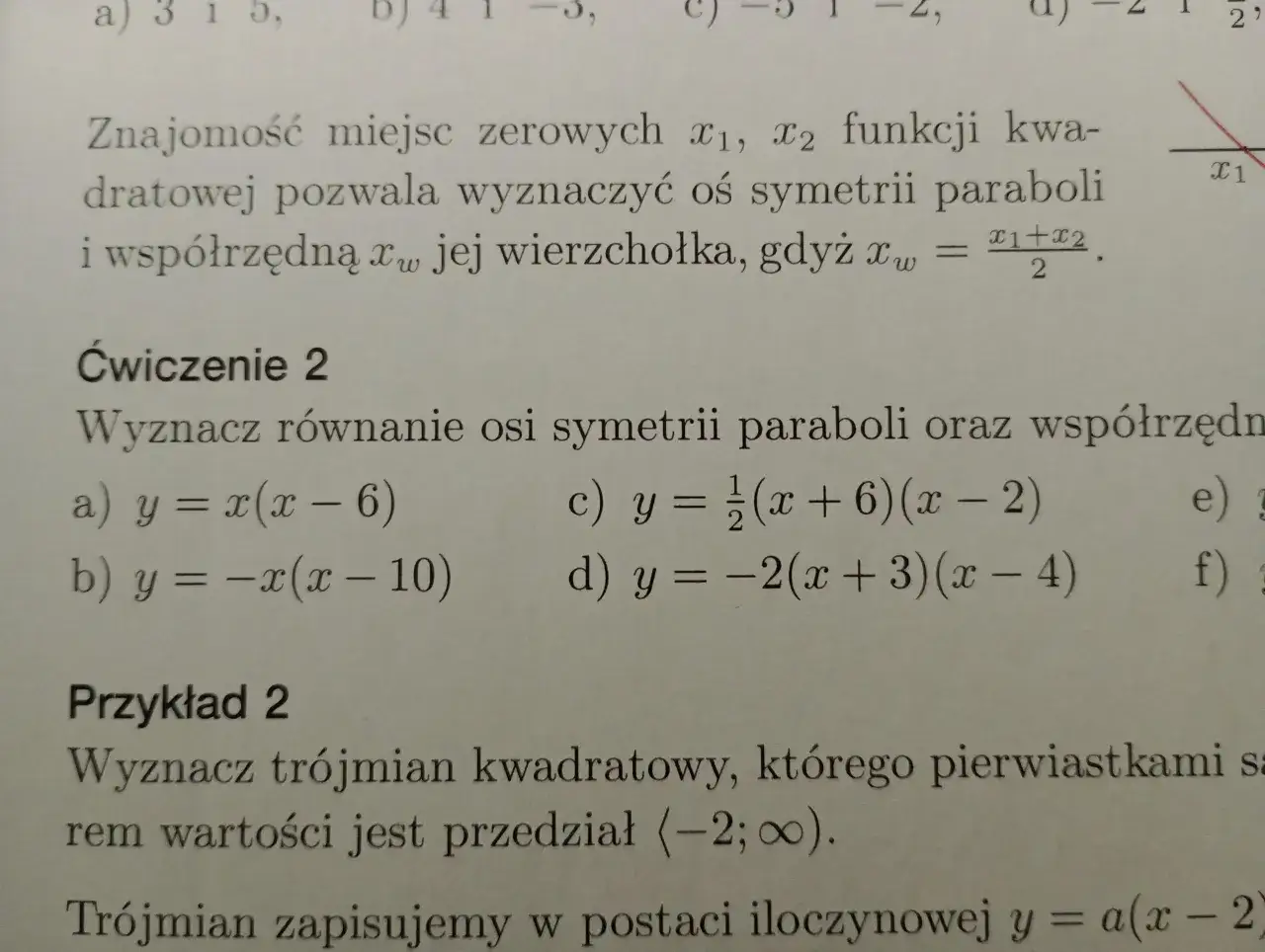 Fragment tekstu matematycznego z równaniami i wykresem paraboli.