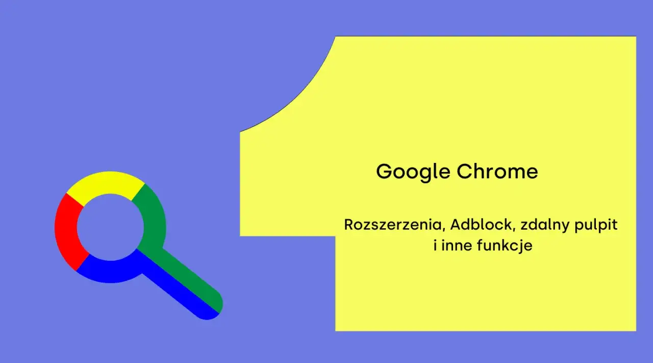 Grafika z lupą w kolorach Google i napisem "Google Chrome".