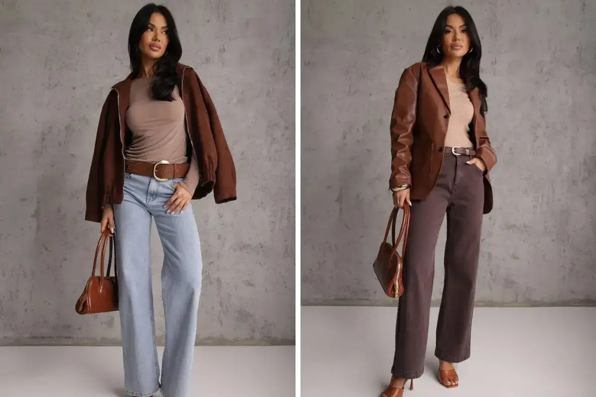 Kobieta w beżowym topie i brązowej kurtce/marynarce. Pokazano, jaki kolor pasuje do beżu: brąz i odcienie ziemi.