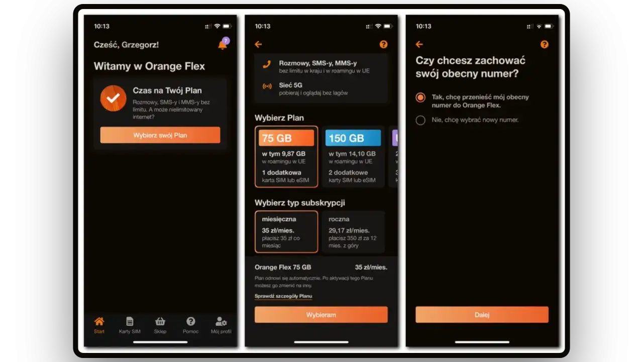 Aplikacja Orange Flex pozwala na wybór planu i przeniesienie numeru. Wybierz 75 GB lub 150 GB, a potem zdecyduj o subskrypcji.