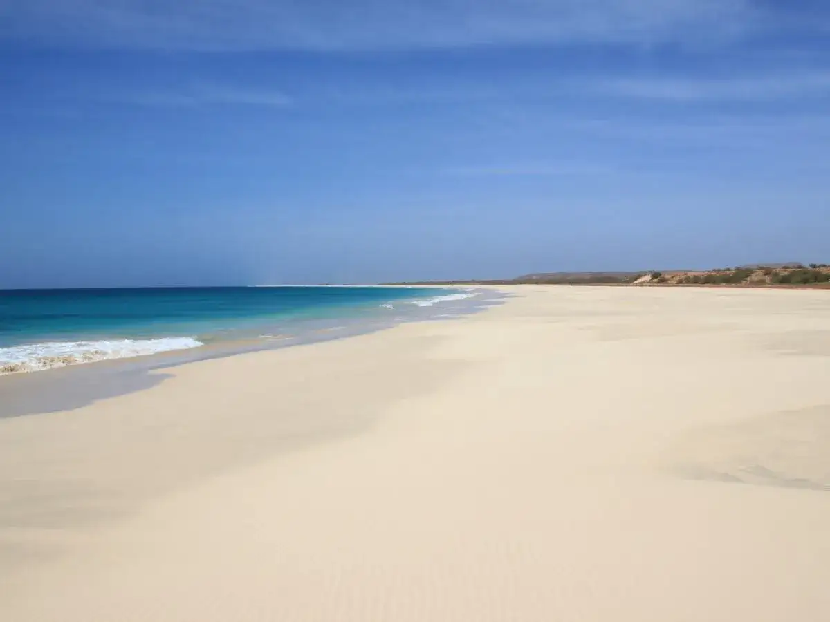 Pusta, piaszczysta plaża z turkusową wodą i błękitnym niebem.