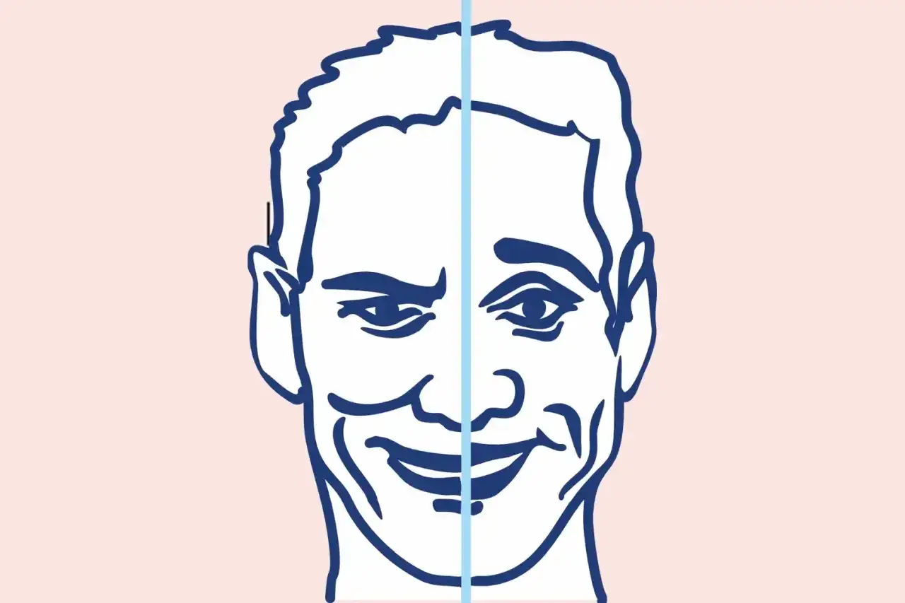 Ilustracja twarzy podzielonej na dwie części, z różnymi wyrazami.
