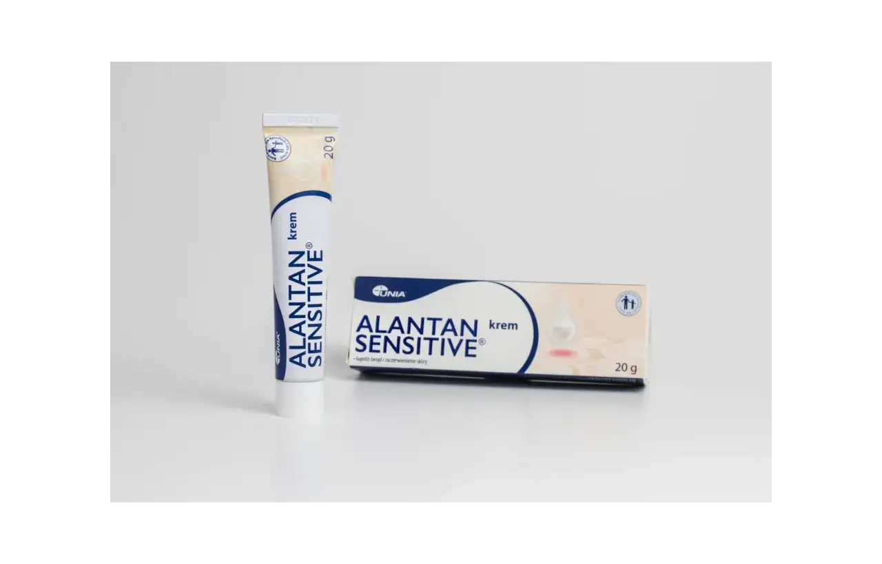 Krem Alantan Sensitive z alantoiną, łagodzący świąd i zaczerwienienie skóry. Tubka i pudełko 20g.