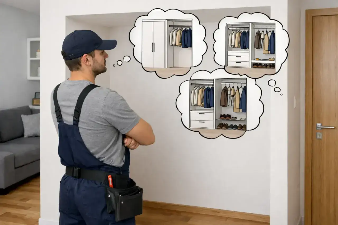 Fachowiec zastanawia się, jak zasłonić wnękę w ścianie, rozważając różne opcje zabudowy garderoby.