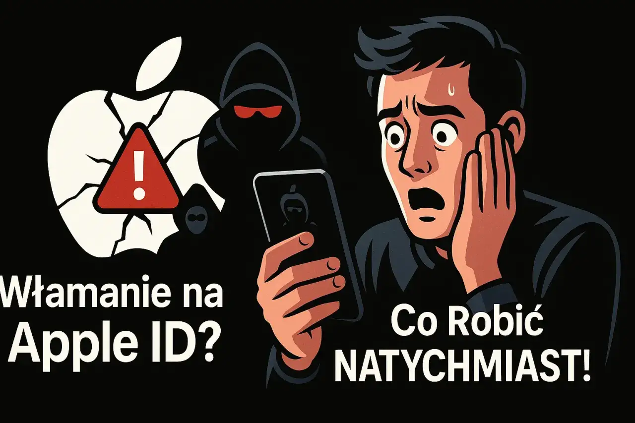 Przerażony mężczyzna trzyma telefon, widząc włamanie na Apple ID. Cień hakera i pęknięte logo Apple symbolizują zagrożenie.