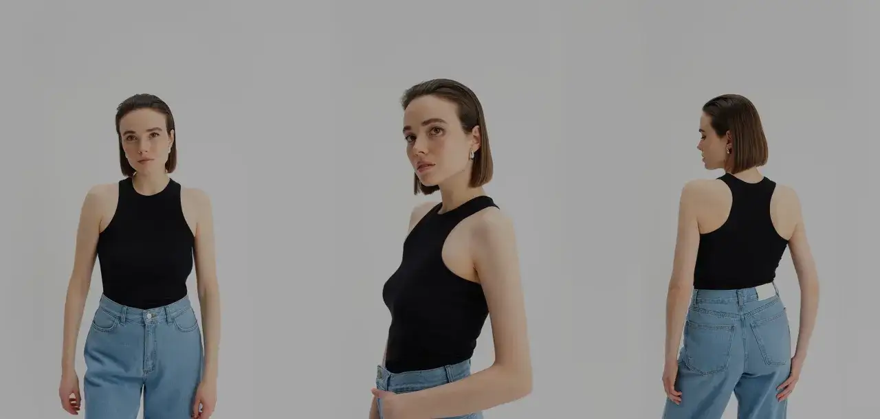 Modelka w czarnym topie z dekoltem typu halter i jeansach. Widok z przodu, z boku i z tyłu.