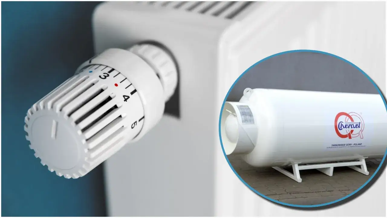 Termostat grzejnikowy i biały zbiornik na gaz LPG z logo producenta.