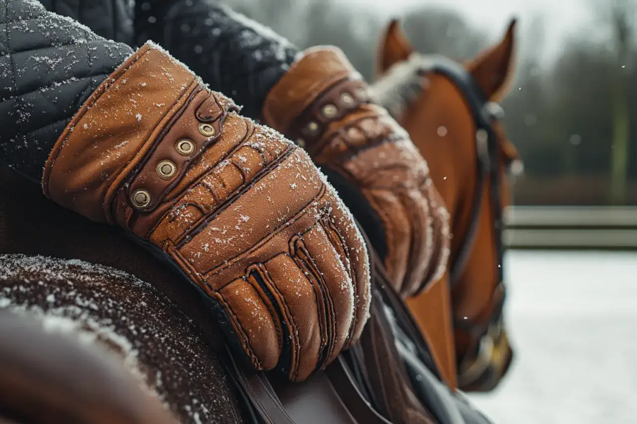 Zbliżenie na dłonie w brązowych, zimowych rękawiczkach jeździeckich, na tle konia i ośnieżonego krajobrazu.