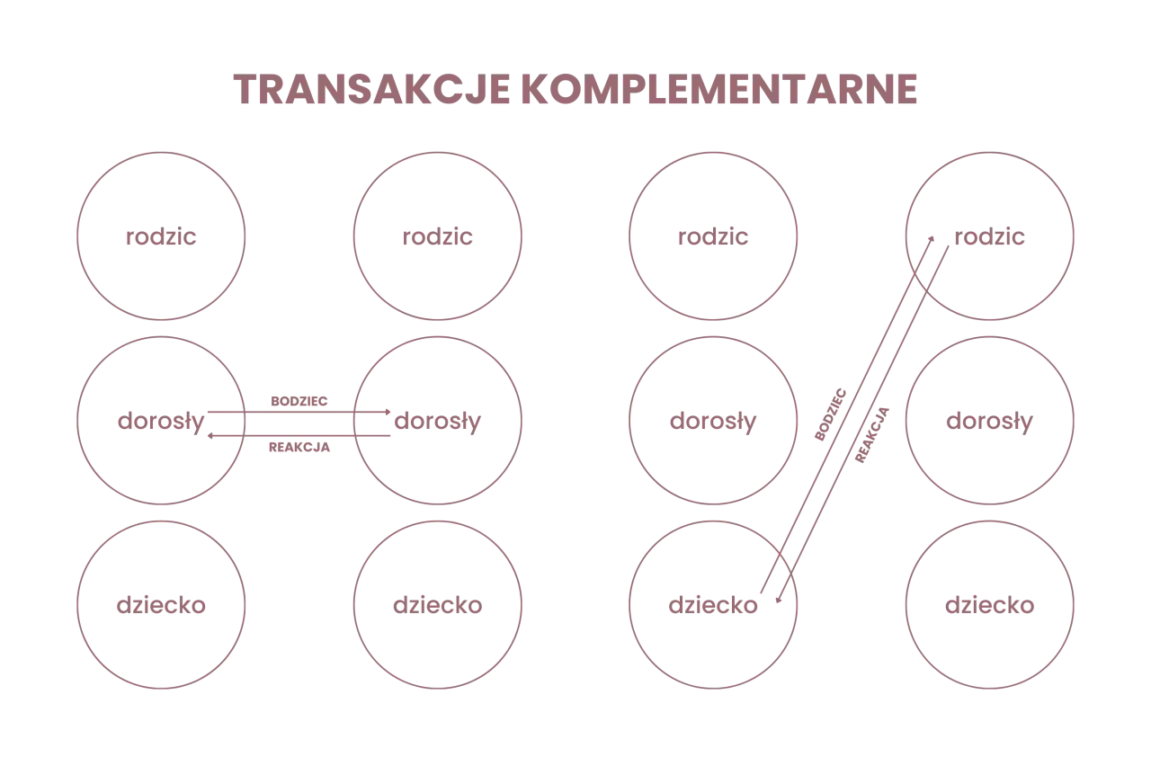 Schemat analizy transakcyjnej: transakcje komplementarne między stanami ego (rodzic, dorosły, dziecko).