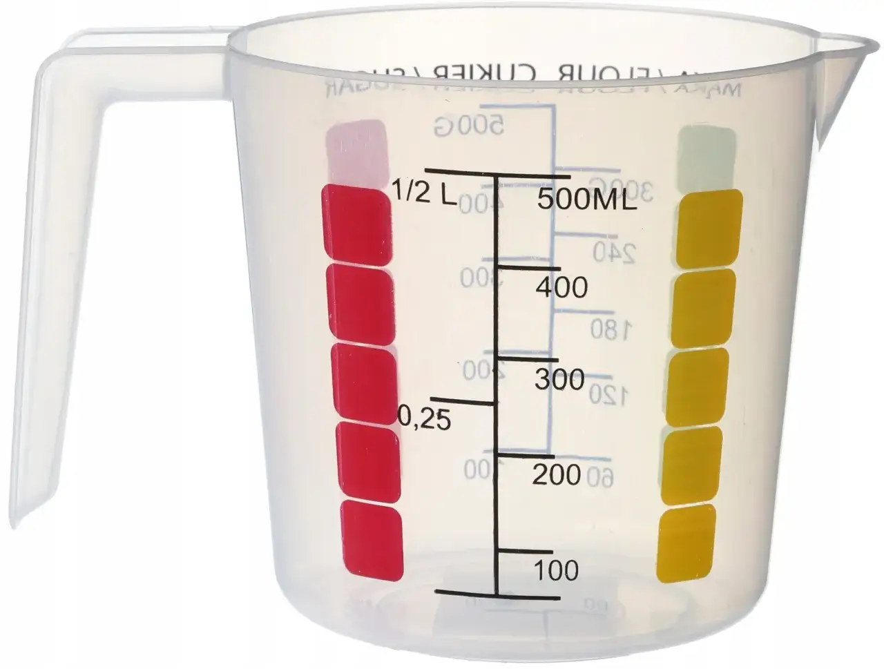 Przezroczysty dzbanek z miarką, z zaznaczonymi podziałkami w mililitrach i litrach.