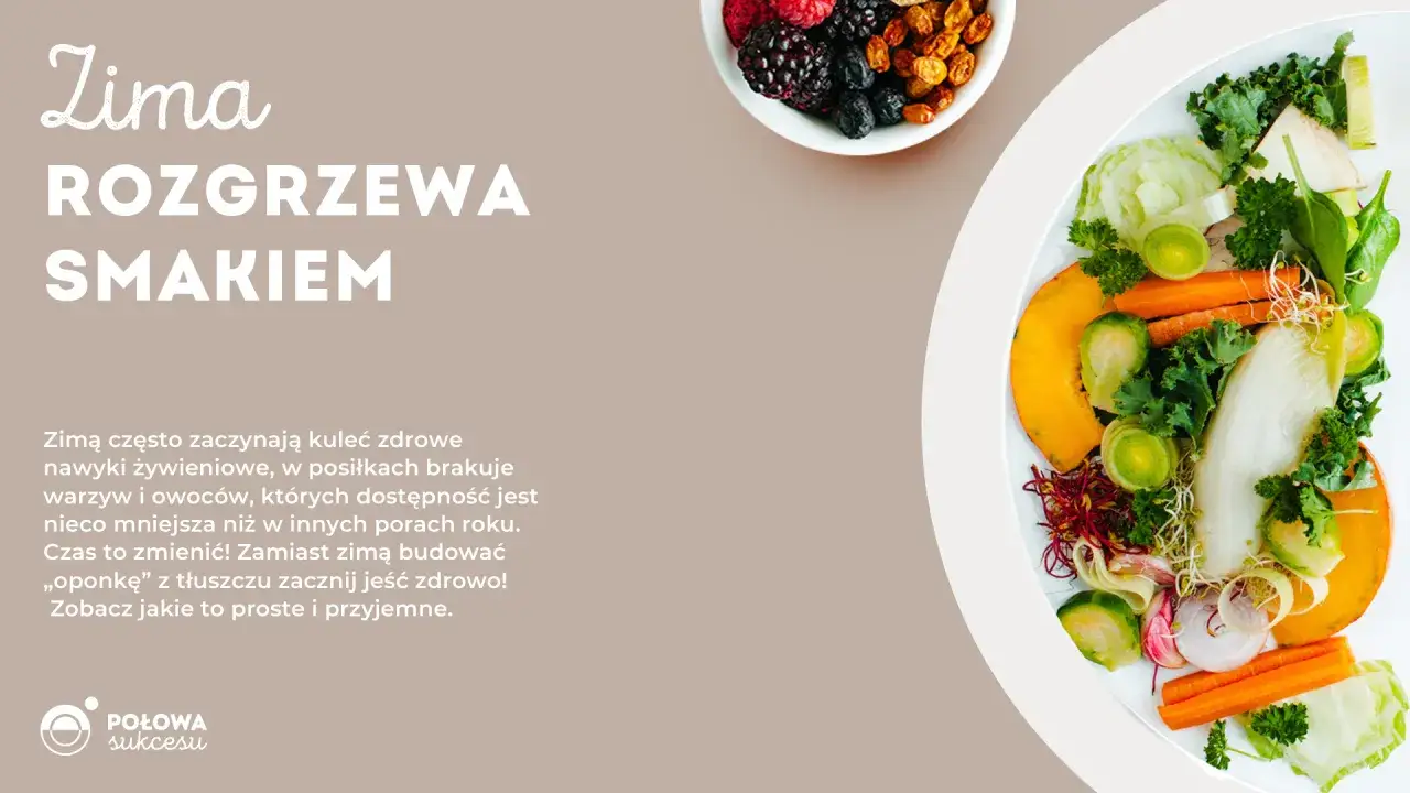 Zimowe jedzenie w góry: kolorowe warzywa i owoce na talerzu. Zadbaj o zdrowie zimą, wybieraj to, co najlepsze!