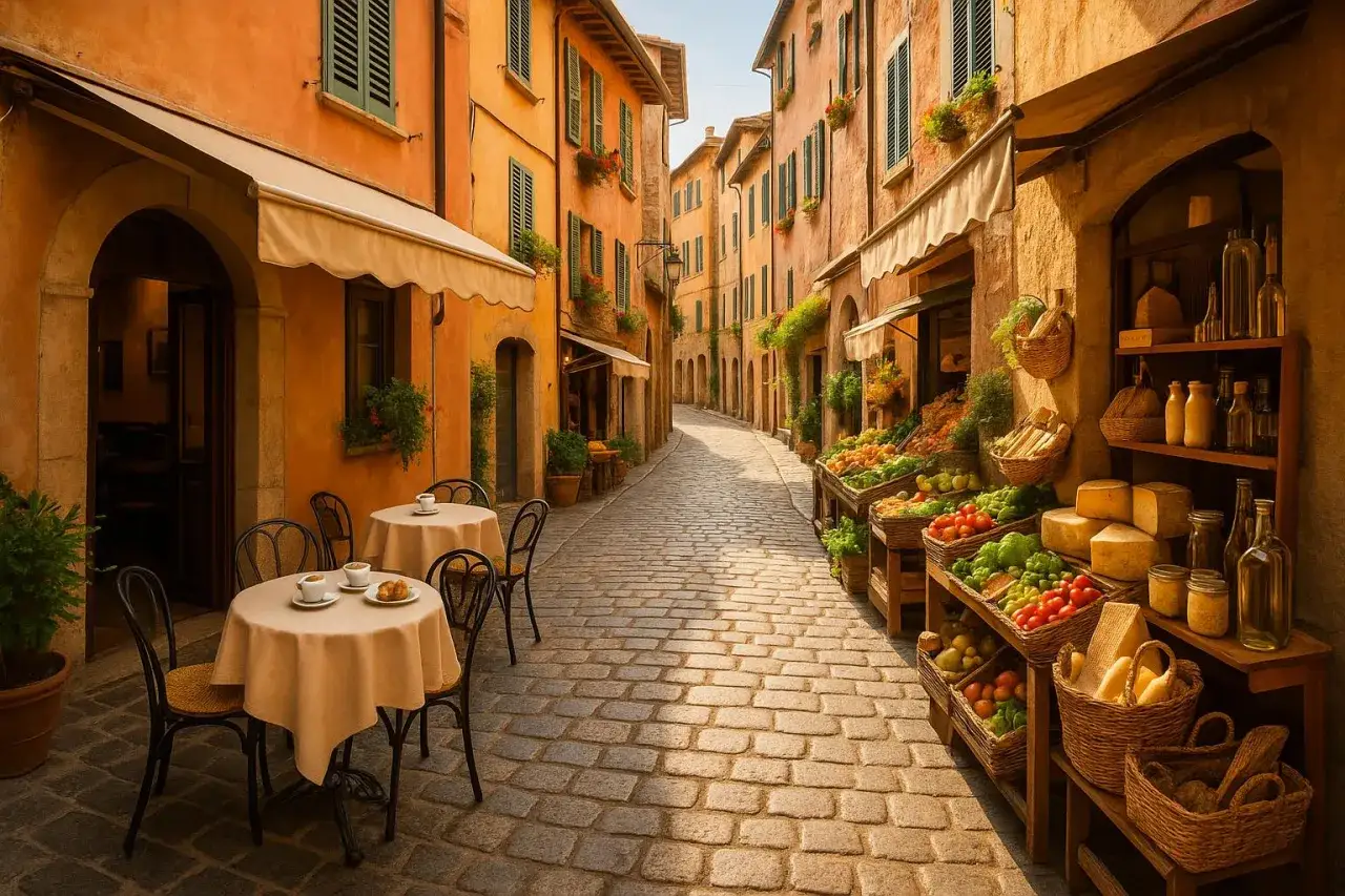 Uliczka we Włoszech z kawiarnianymi stolikami i sklepem z warzywami i serami.