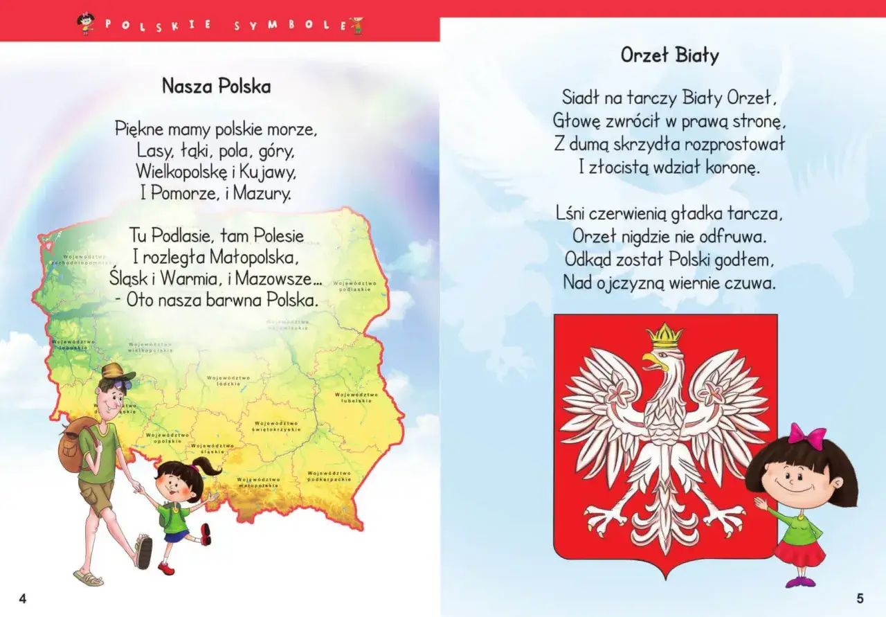 Wiersz "Orzeł Biały" z okazji 11 listopada. Na mapie Polski dzieci poznają regiony kraju, a obok biały orzeł strzeże ojczyzny.