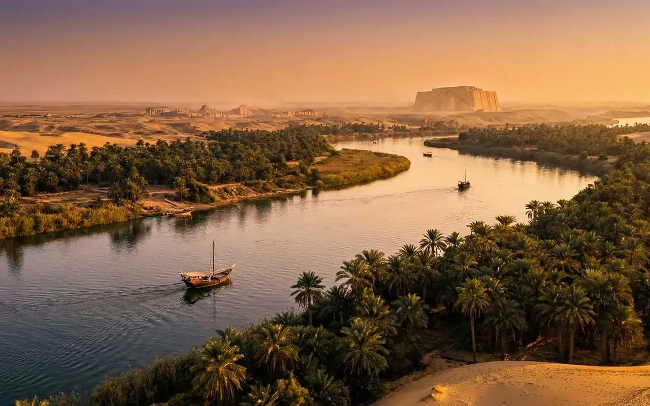Rzeka Tygrys, otoczona palmami, z widocznymi ruinami starożytnych budowli na horyzoncie. To właśnie tutaj narodziła się kolebka cywilizacji.