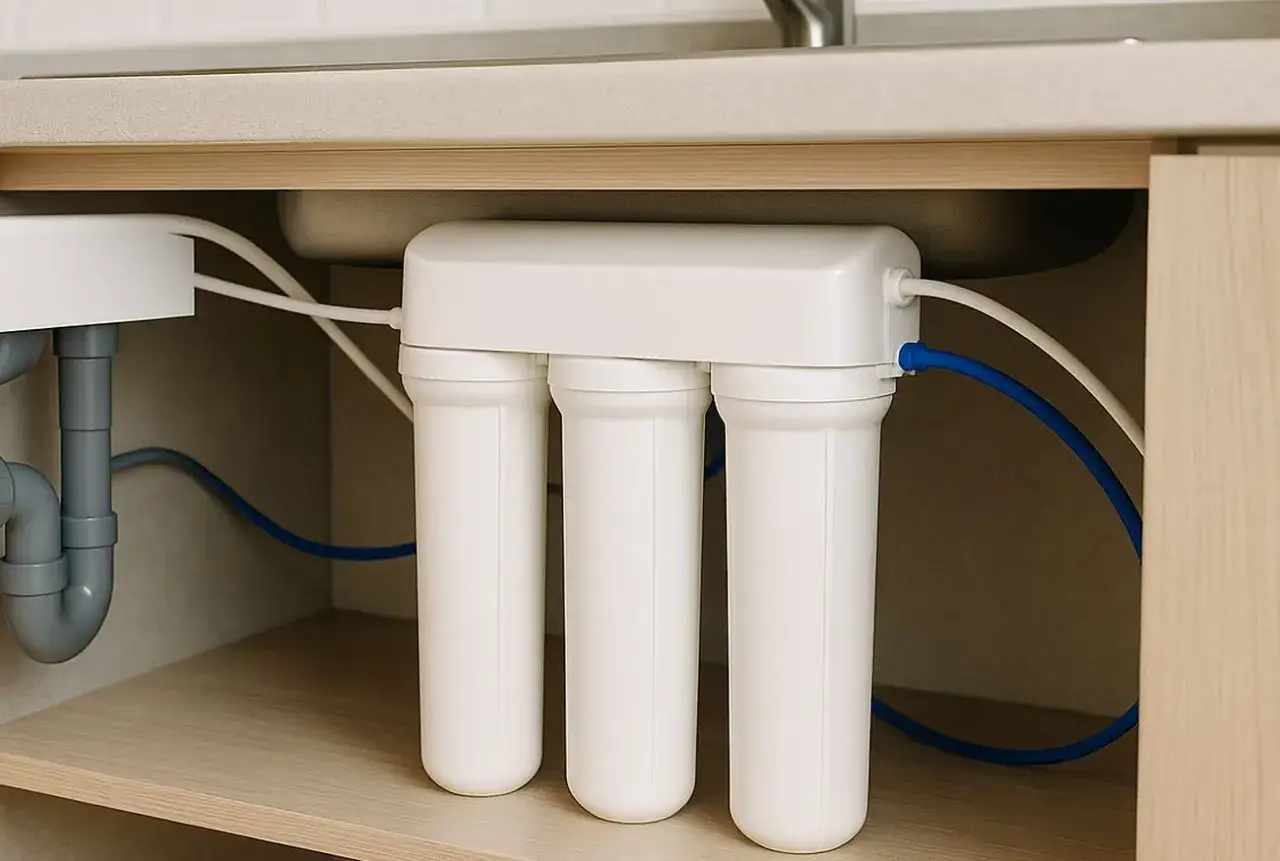 System filtracji wody pod zlewem, który odpowiada na pytanie: jaki filtr do wody z kranu? Białe wkłady i niebieskie wężyki.