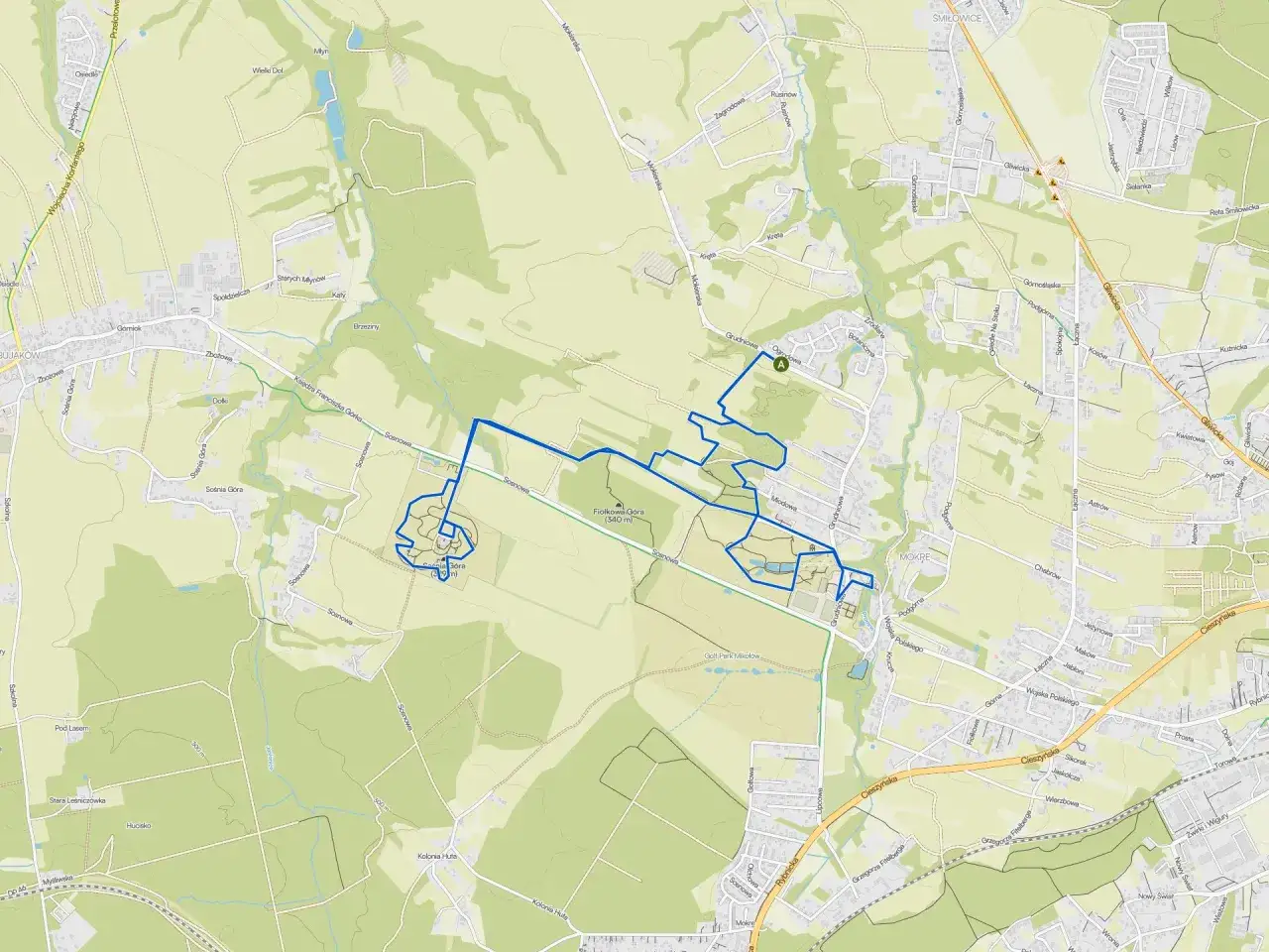 Mapa szlaków pieszych i rowerowych w okolicach Rudy Śląskiej. Widoczne tereny zielone, lasy, drogi i zabudowania. Ruda Śląska atrakcje turystyczne.