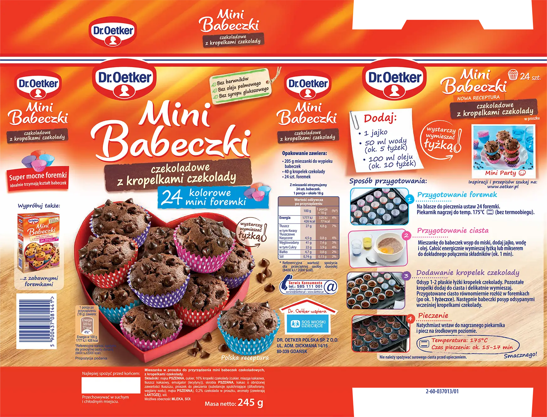 Babeczki Dr. Oetker w kolorowych foremkach, z czekoladowymi kroplami.