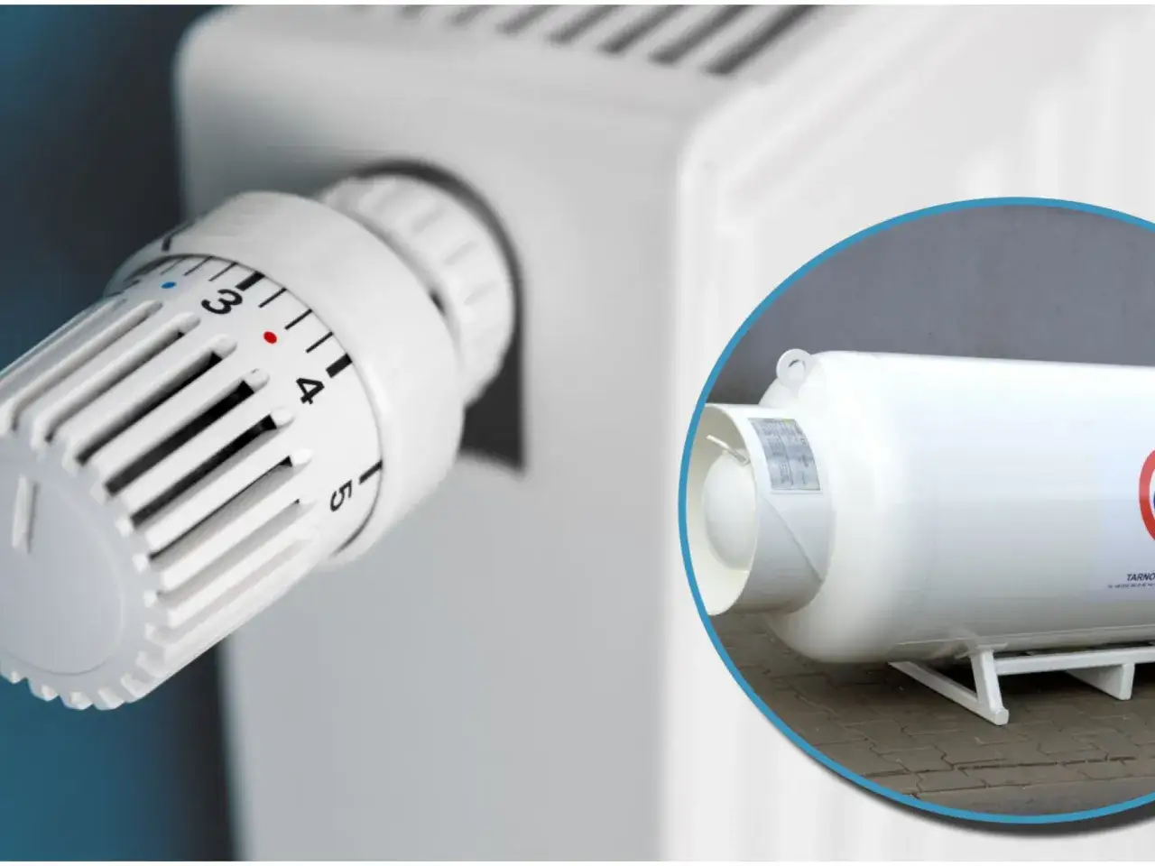 Termostat grzejnikowy i biały zbiornik gazu.