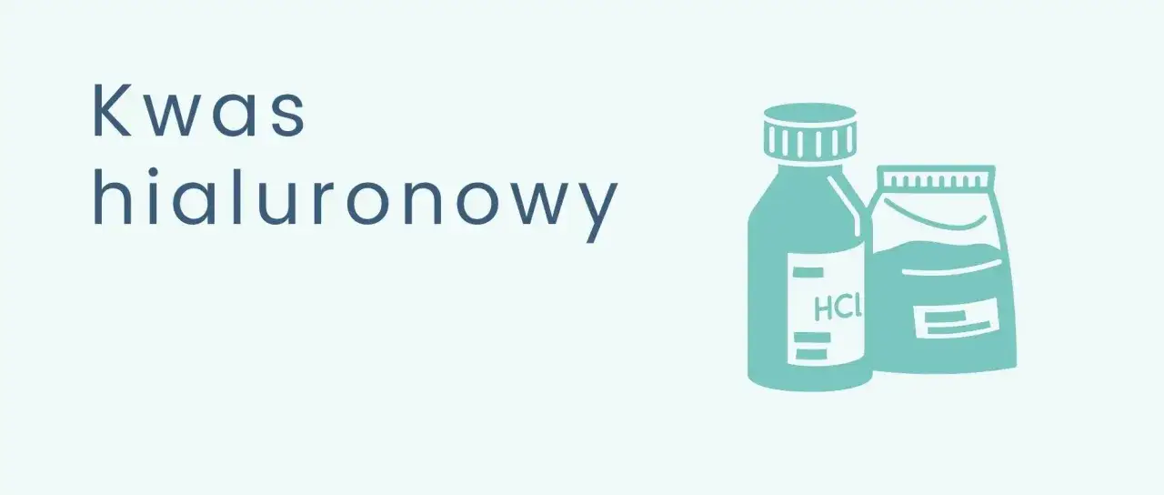 Co to jest kwas hialuronowy? Ilustracja przedstawia butelki z substancjami chemicznymi, w tym jedną z etykietą HCl.