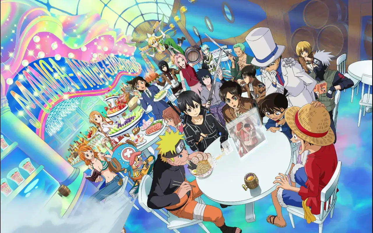 Kolorowy japoński film animowany przedstawia postacie z różnych serii anime, świętujące przy stole pełnym jedzenia.