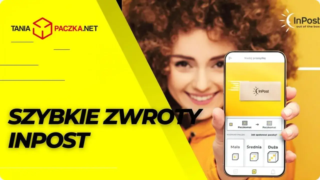 Uśmiechnięta kobieta trzyma smartfon z aplikacją InPost do nadawania przesyłek.