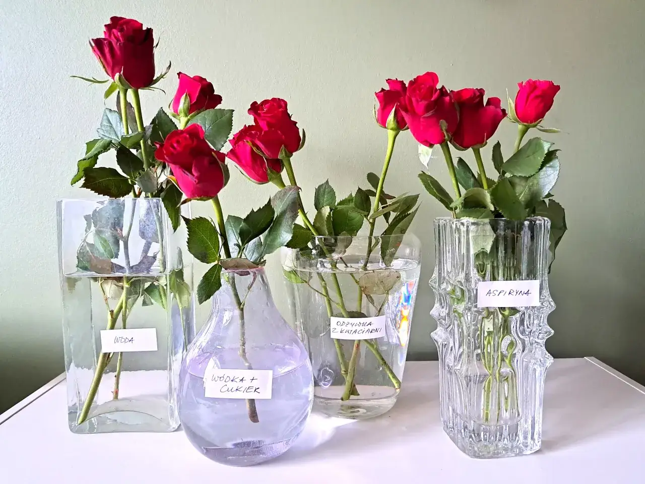 Czerwone róże w wazonach z różnymi dodatkami do wody: woda, wódka z cukrem, odżywka z kwiaciarni, aspiryna.