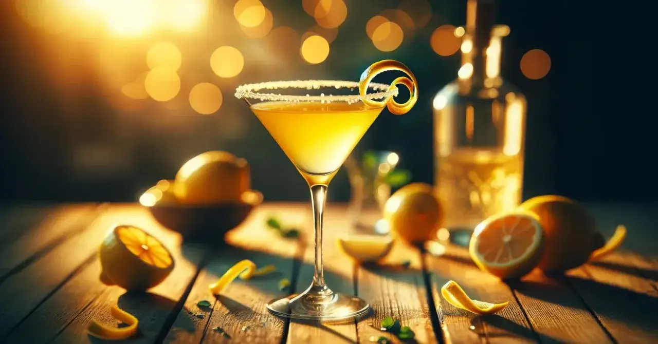 Elegancki kielich z drinkiem lemon drop, ozdobiony skórką cytryny, otoczony świeżymi cytrynami i butelką alkoholu.