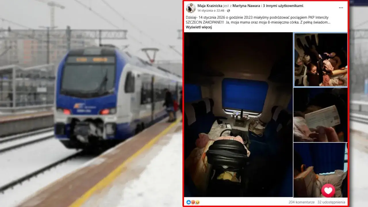Pociąg PKP Intercity na stacji zimą. W środku bagaże i dziecko. Czekam na odpowiedź PKP ws. reklamacji.