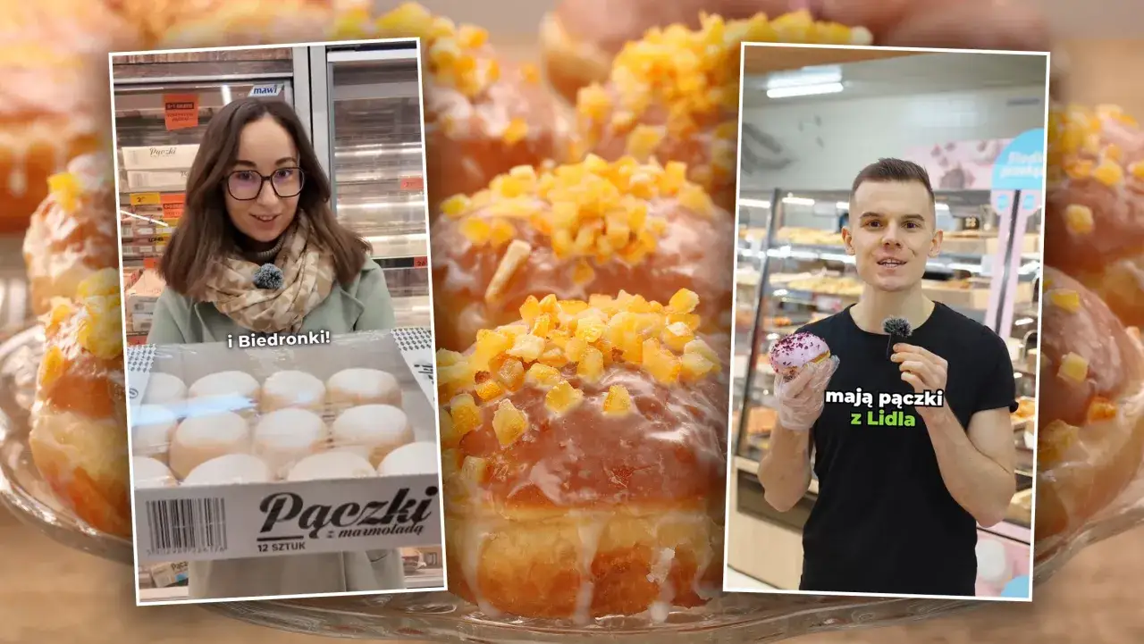 Trzy panele: kobieta z paczkami z Biedronki, zbliżenie na pączka z kandyzowaną skórką pomarańczy, mężczyzna z pączkiem z Lidla.