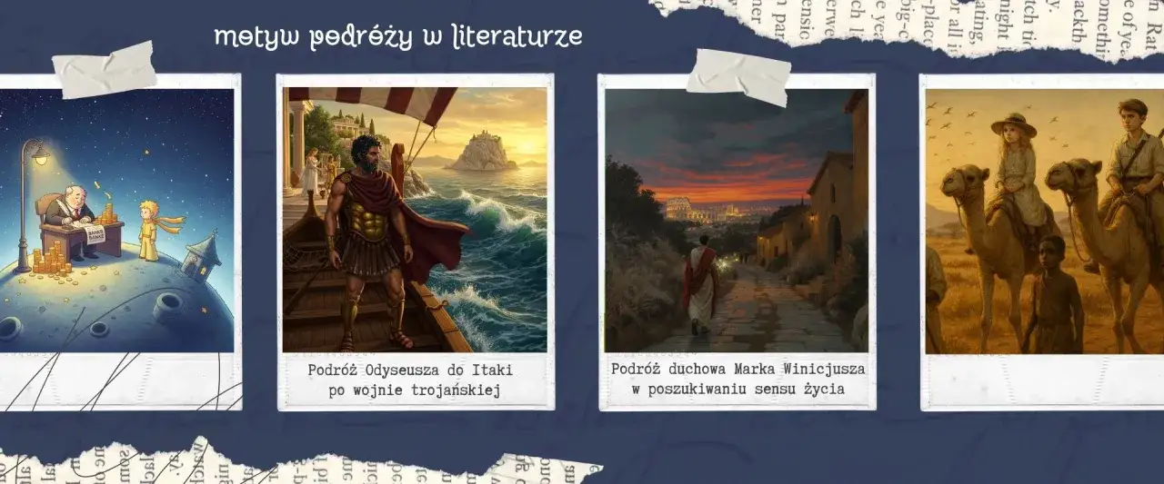 Ilustracje przedstawiające podróże: Mały Książę, Odyseusz, pielgrzym i dzieci na wielbłądach.