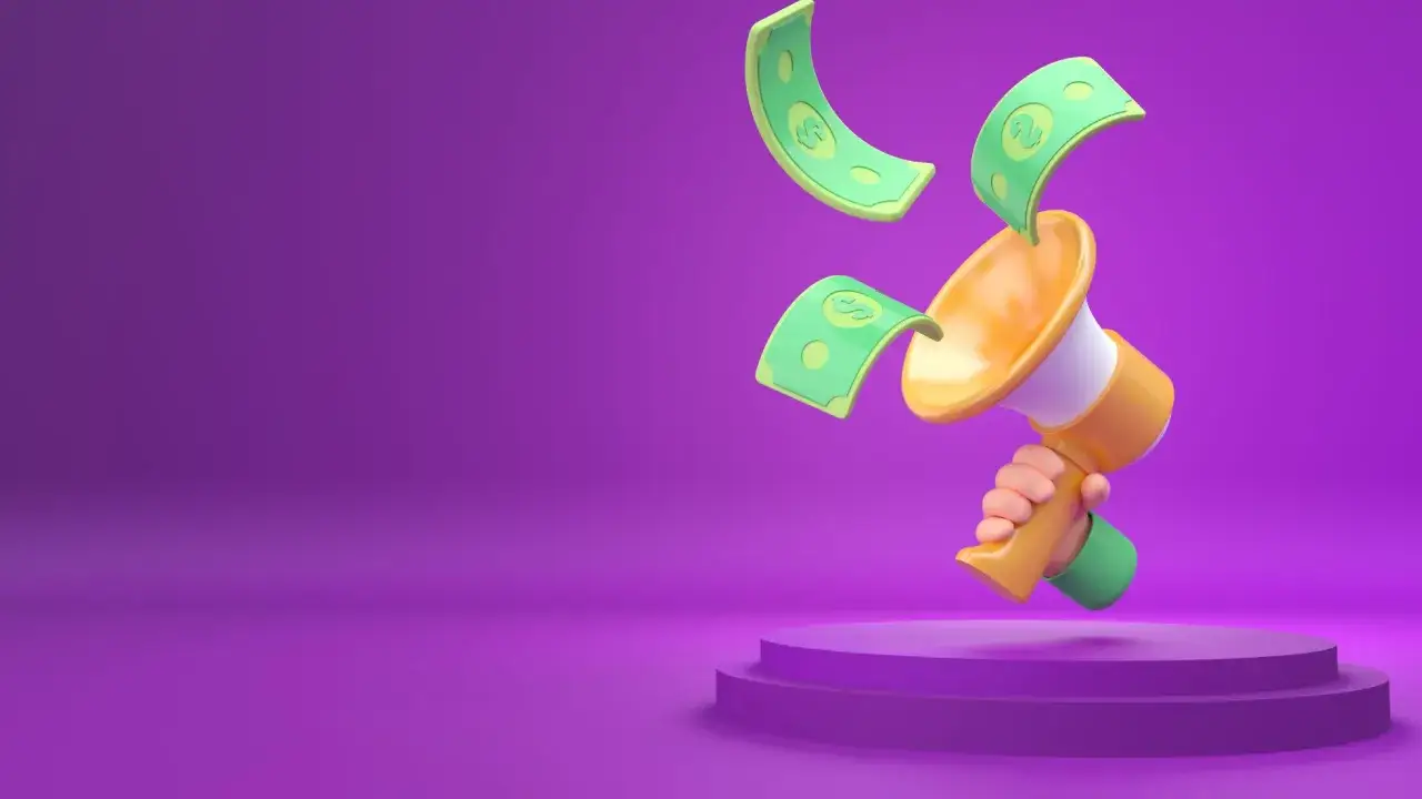 Ręka trzymająca megafon, z którego wypadają banknoty. Reklama aplikacji, które płacą za rejestrację.