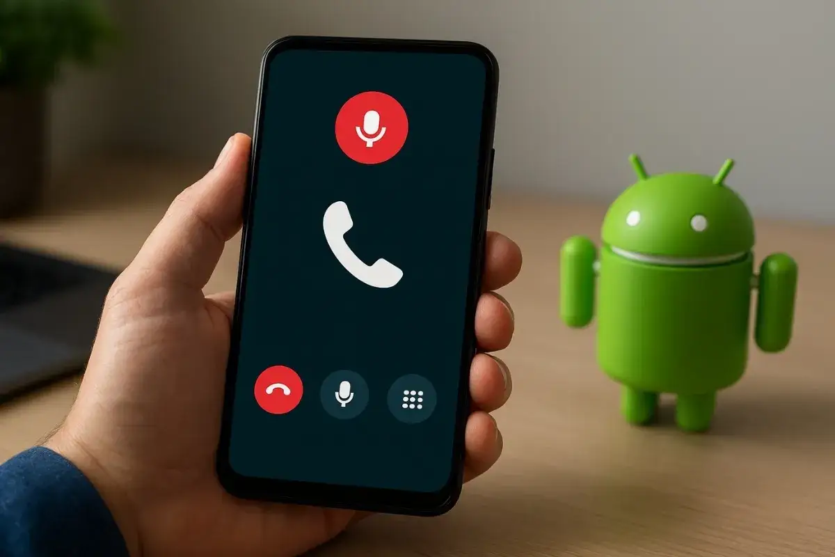 Telefon z ekranem rozmowy, ikona mikrofonu sugeruje aplikację do nagrywania rozmów. Obok stoi zielony robot Android.