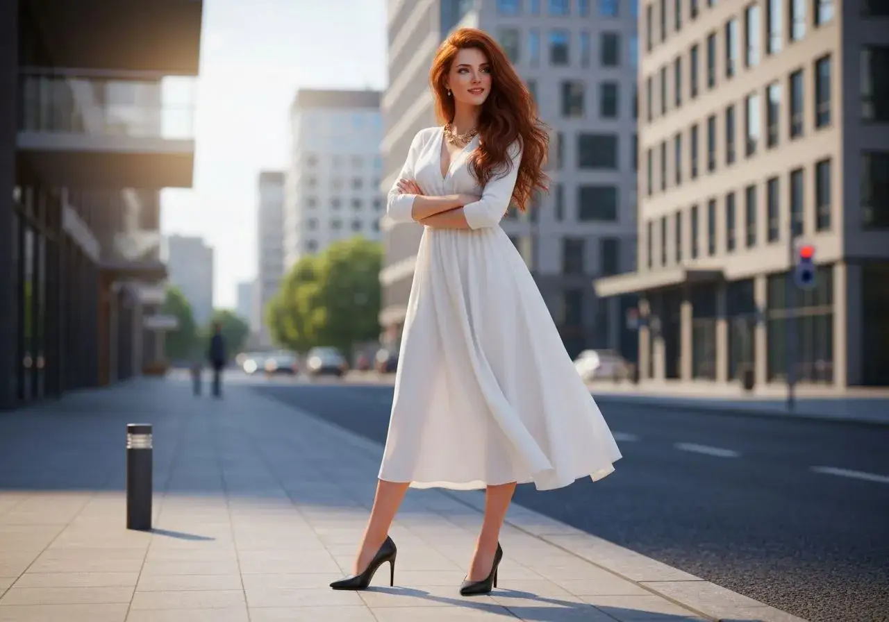 Elegancka kobieta w białej sukience i czarnych butach na obcasie stoi na chodniku w mieście.
