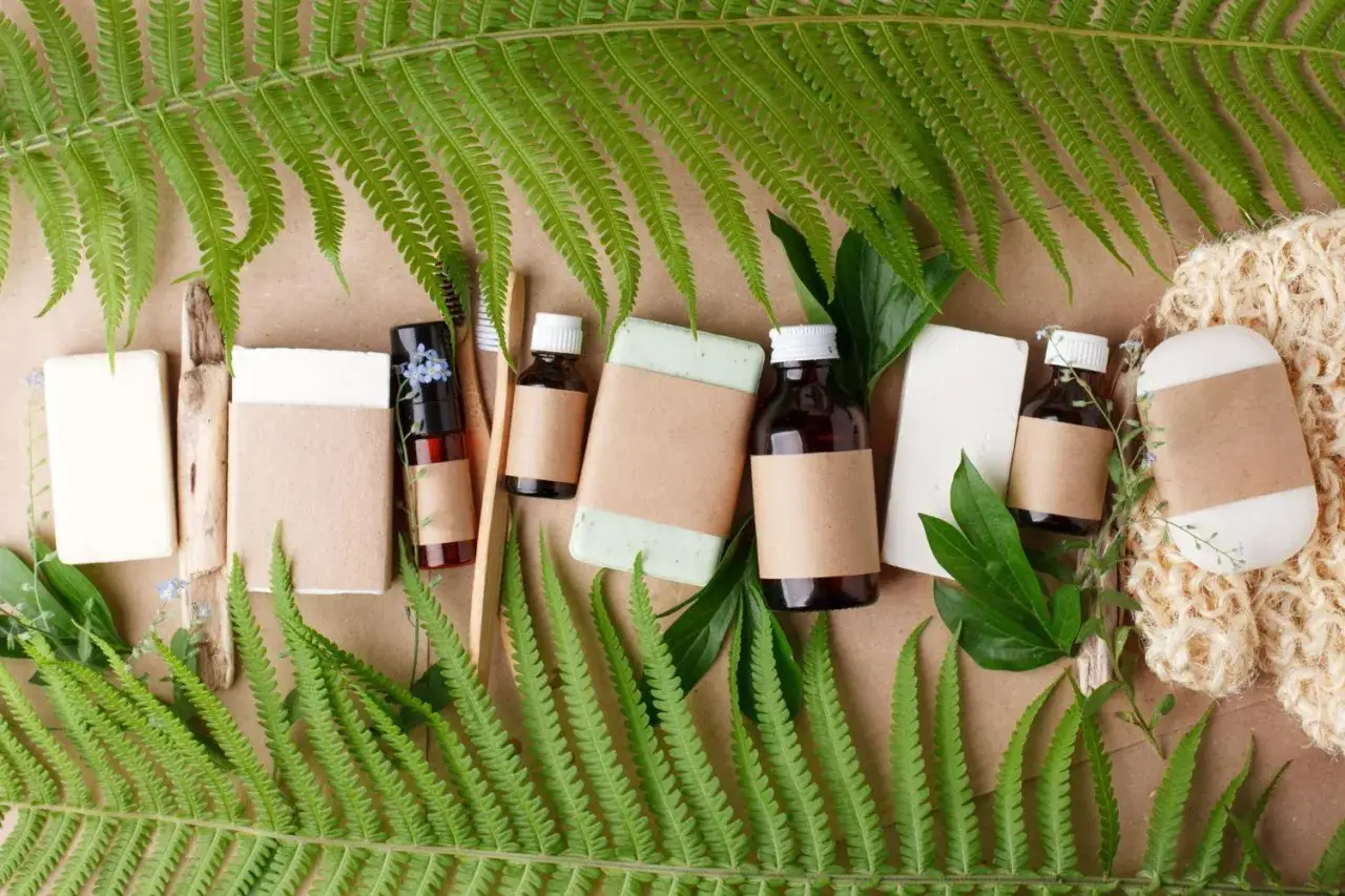 Naturalne produkty wegańskie: mydła, bambusowe szczoteczki, olejki w buteleczkach i gąbka.