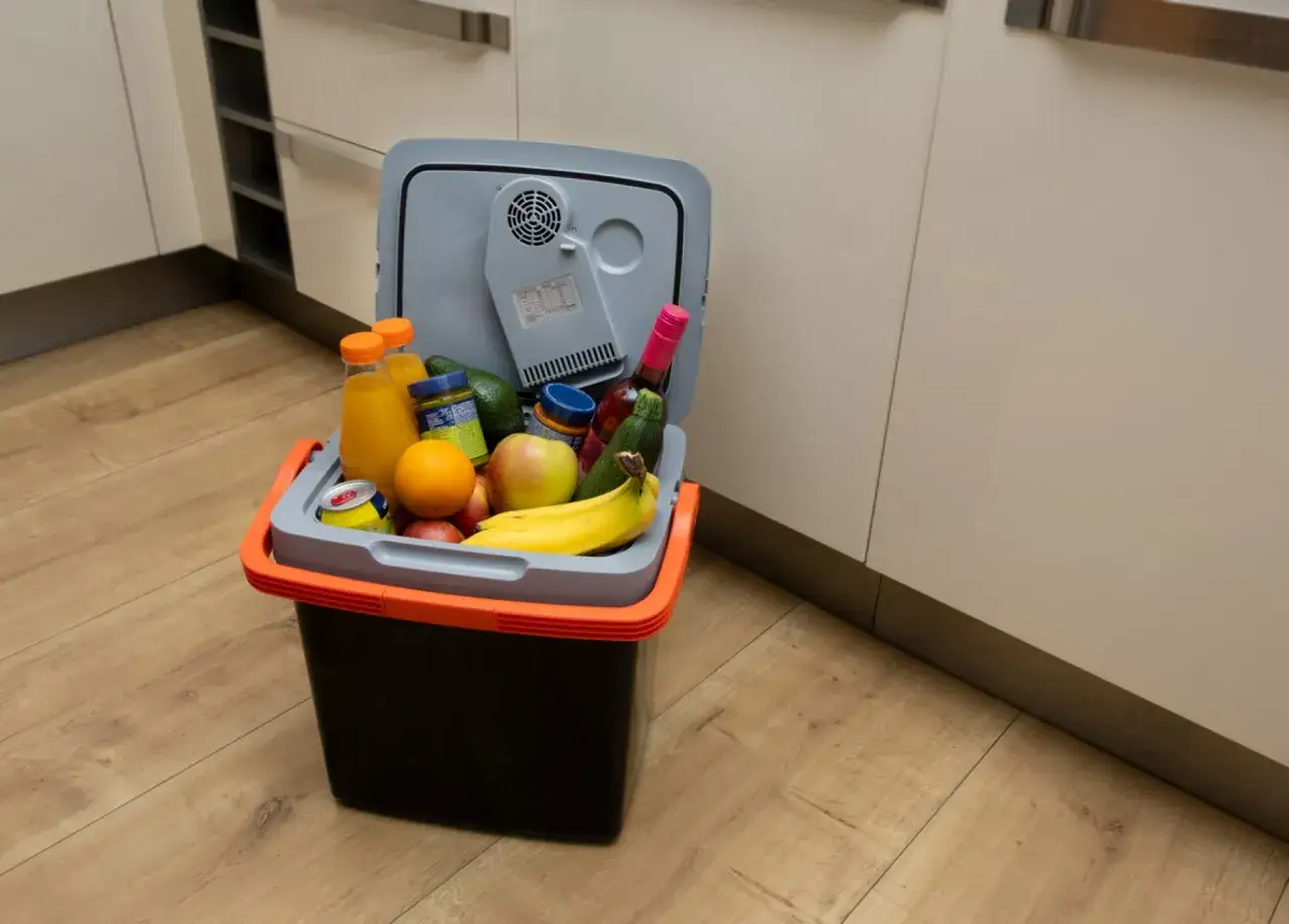 Lodówka turystyczna z napojami i owocami, gotowa do drogi. Dowiedz się, jak podłączyć lodówkę w przyczepie kempingowej, by mieć świeże jedzenie.