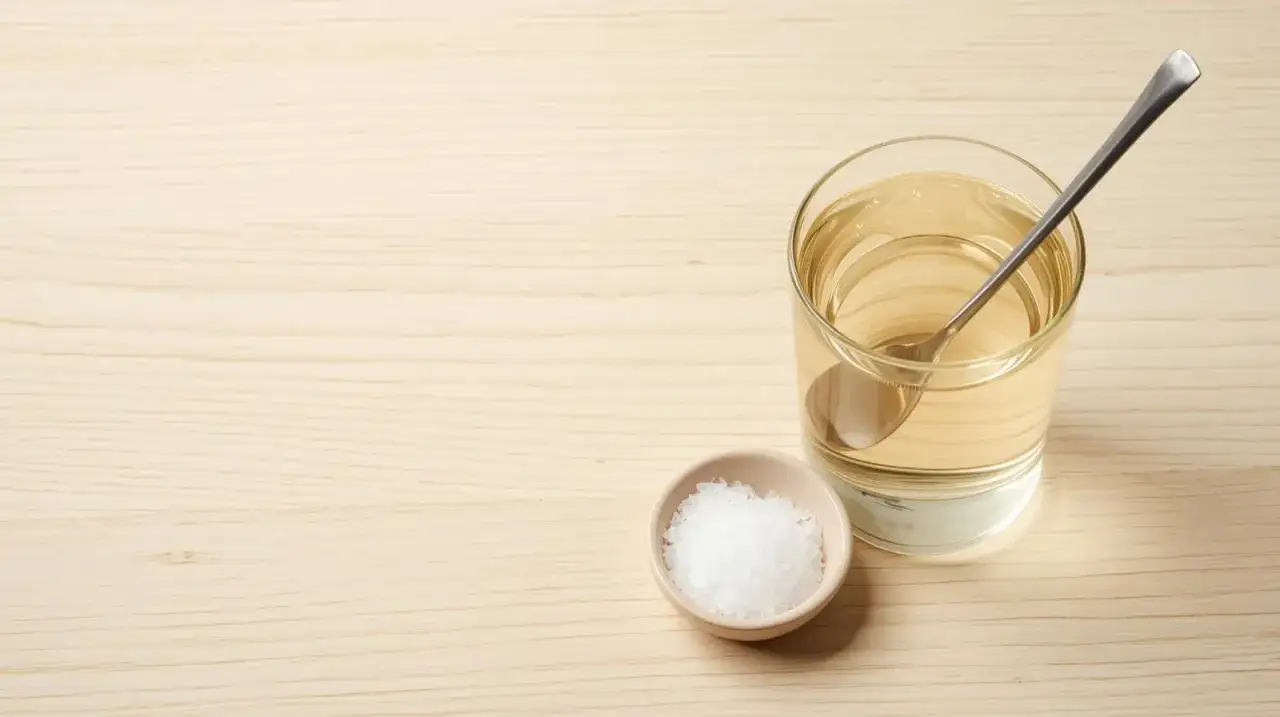 Szklanka wody z łyżeczką i miseczka soli – domowe sposoby na chrypkę.