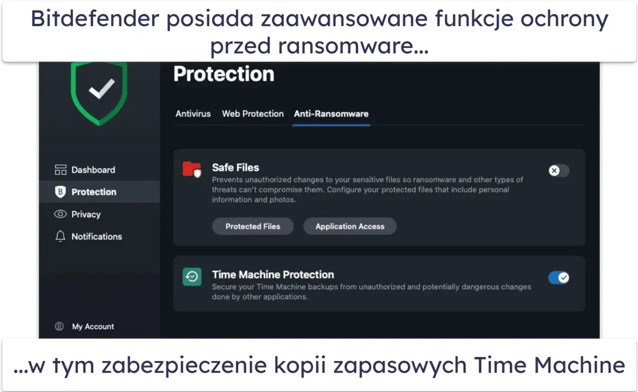 Interfejs Bitdefender pokazuje ochronę przed ransomware i Time Machine. Czy macbook potrzebuje antywirusa? Tak, by chronić dane.